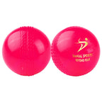 Bright pink Wind Cricket Ball showing gold Danial Sports logo and embossed seam pattern