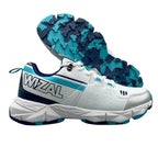 Front top angle of WIZAL Strike Cricket Shoes showing lacing system and padded tongue construction