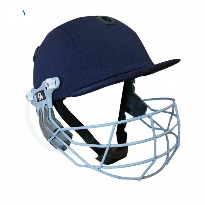 Navy blue CA Cricket Helmet with light blue adjustable steel face grille for batting safety