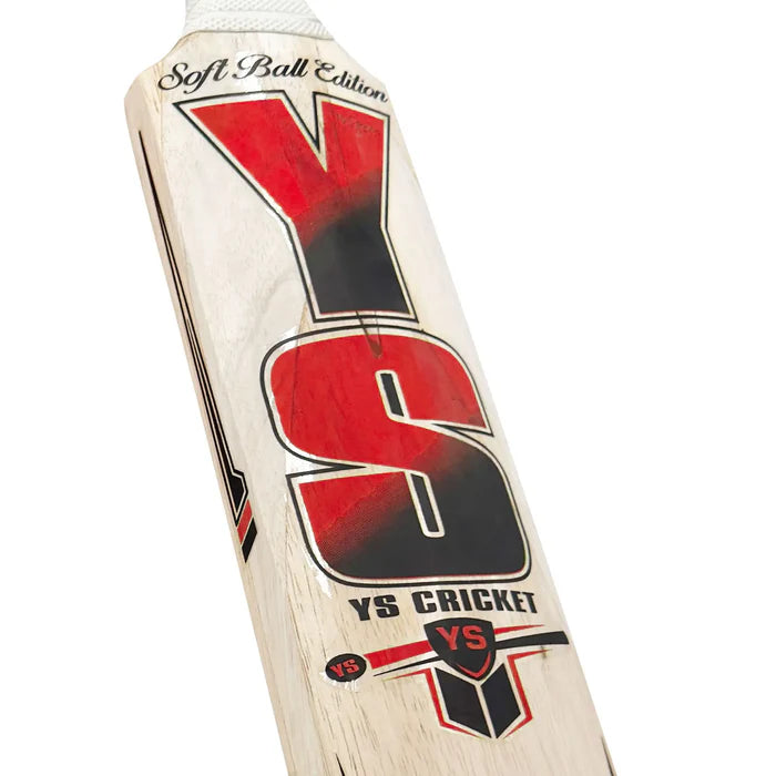 YS Premium Soft Ball Cricket Bat held upright showing scale, proportion, and comfortable handle grip