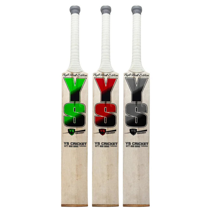 Side profile of YS Premium Soft Ball Cricket Bat showing edge thickness and curved blade profile