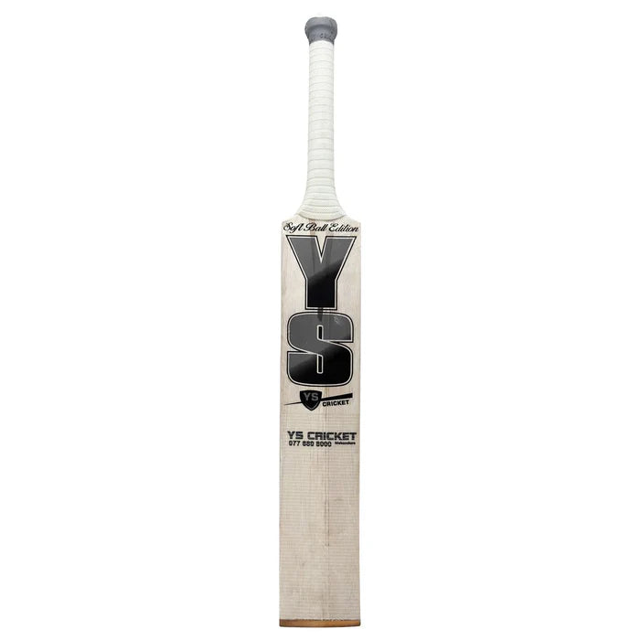 Back view of the YS Premium Soft Ball Cricket Bat displaying the full spine structure and wood grain