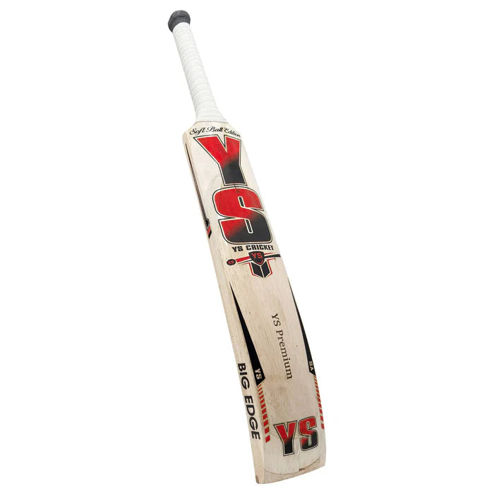 Top-angle view of the YS Premium Soft Ball Cricket Bat cane handle and red grip binding